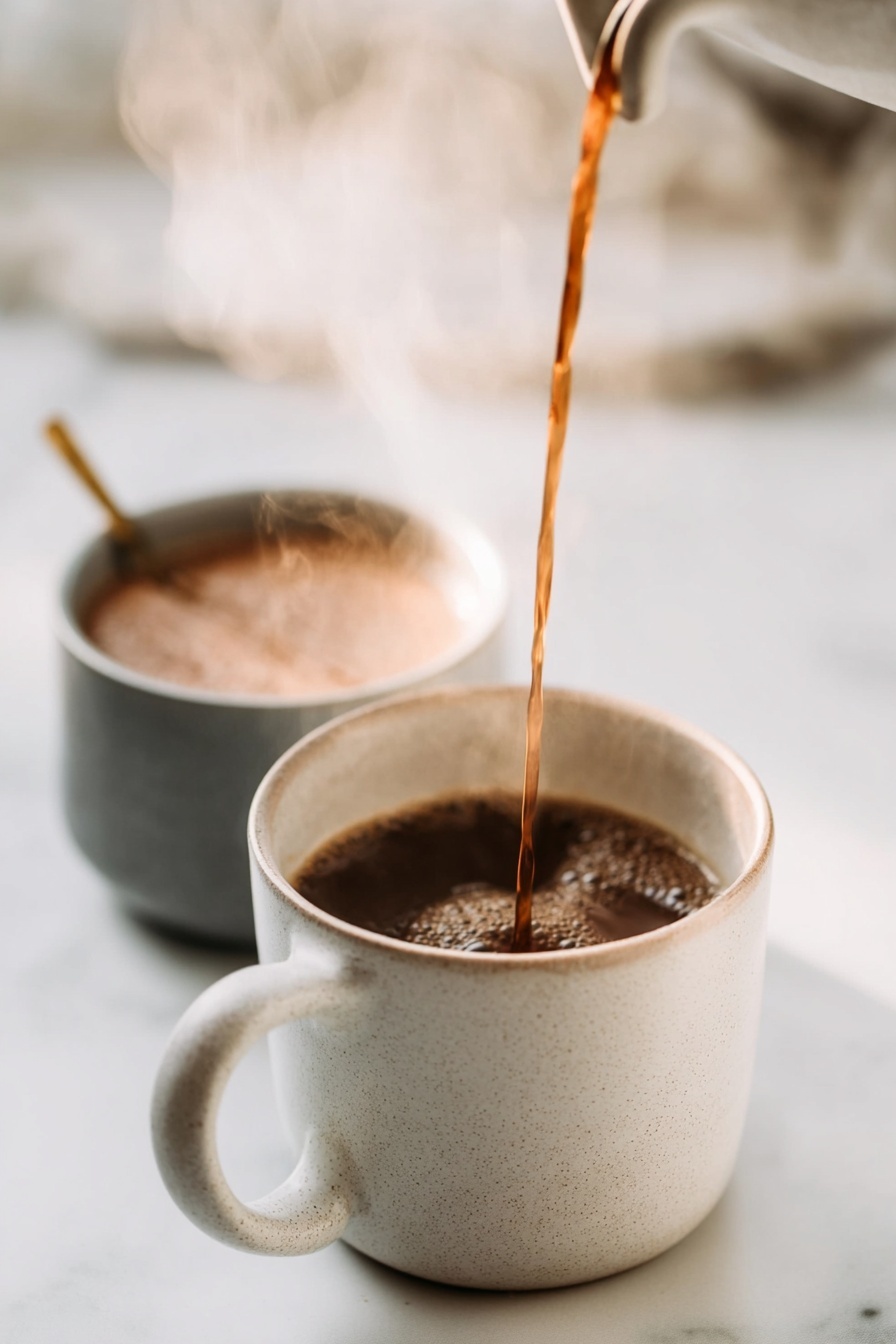 Two black mugs filled with dark brown hot chocolate topped with thick white whipped cream. The whipped cream forms soft, swirling peaks sitting on the bubbly surface of the hot chocolate. The mugs rest on a white marbled surface bathed in warm, natural light with soft shadows, and a golden candle holder and small green decorative trees blurred in the background. Photo taken with an iphone --ar 2:3 --v 7