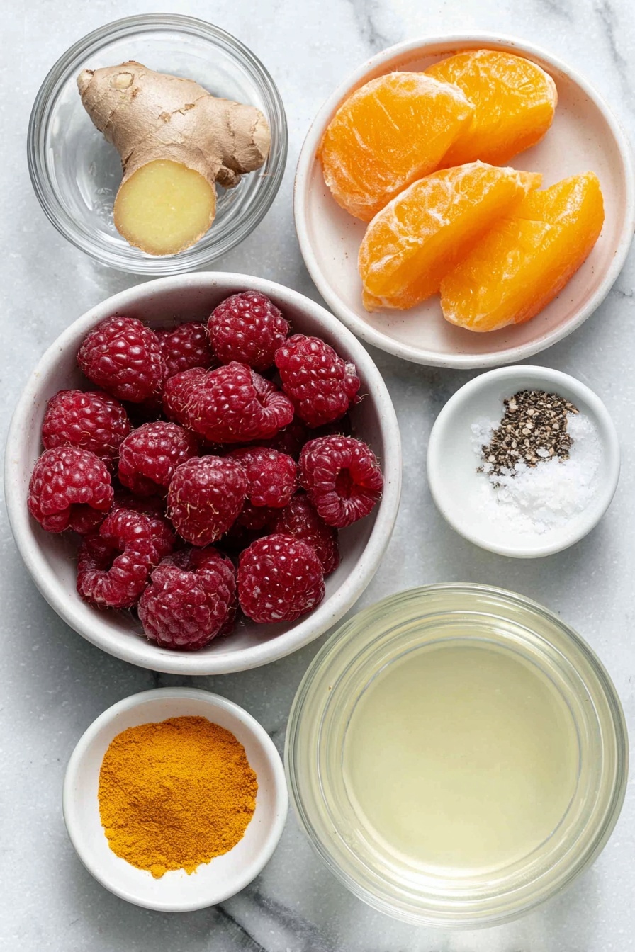 Flat lay of fresh raspberries in a small white ceramic bowl, a small peeled orange with separated wedges on a white plate, a medium peeled and chopped carrot on a white plate, frozen ripe peach chunks on a white ceramic dish, a small piece of peeled and chopped ginger on a white plate, a small white bowl with vibrant ground turmeric powder, a tiny white bowl with fine vanilla powder, a tiny white bowl with sea salt, a tiny white bowl with ground black pepper, a small white bowl holding fresh lemon juice, a small white bowl containing clear water, all arranged symmetrically and balanced, placed on a clean white marble surface, soft natural light, photo taken with an iPhone, professional food photography style, fresh ingredients, white ceramic bowls, no bottles, no duplicates, no utensils, no packaging --ar 2:3 --v 7 --p m7354615311229779997