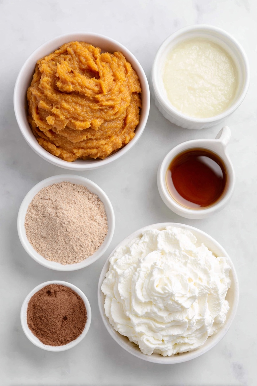 Flat lay of a small white ceramic bowl of bright orange pumpkin puree, a small white ceramic bowl filled with amber pure maple syrup, a small white ceramic bowl with warm brown pumpkin pie spice powder, a small white ceramic bowl of creamy light oat milk, two glossy dark espresso shots in a white ceramic cup, and a swirl of fluffy dairy-free whipped cream dolloped on a white ceramic plate, all arranged in perfect symmetry and balanced proportions, placed on a clean white marble surface, soft natural light, photo taken with an iPhone, professional food photography style, fresh ingredients, white ceramic bowls, no bottles, no duplicates, no utensils, no packaging --ar 2:3 --v 7 --p m7354615311229779997