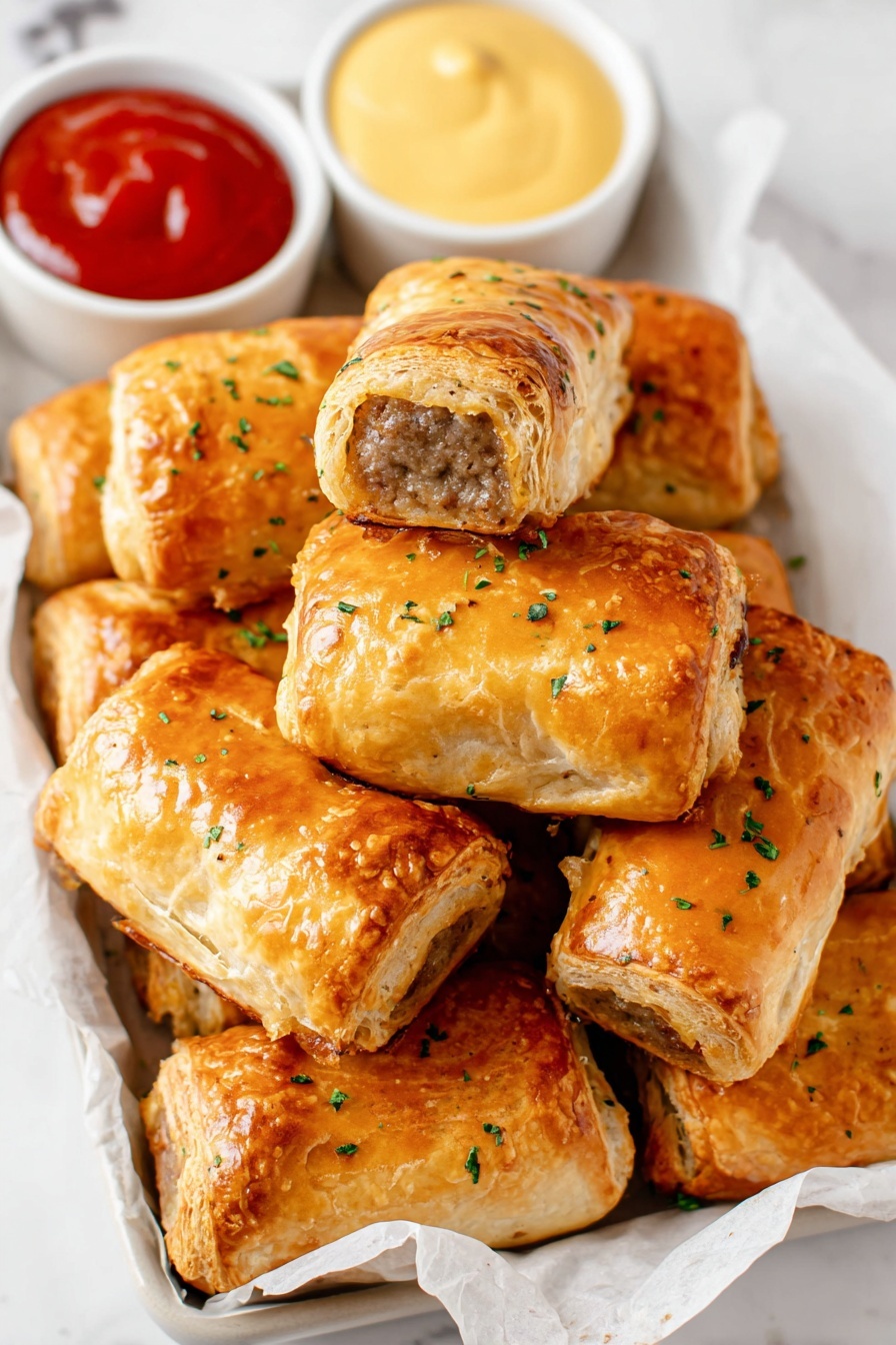 The image shows a white paper-lined white tray filled with golden-brown sausage rolls. Each sausage roll has a flaky, shiny crust with some sprinkled green herbs on top. The rolls are stacked unevenly, showing the light brown sausage filling inside some of them. On the left side, there are two small white round bowls; one holds smooth red ketchup, and the other holds creamy yellow mustard. The background is a white marbled surface with a clean and bright look. photo taken with an iphone --ar 2:3 --v 7