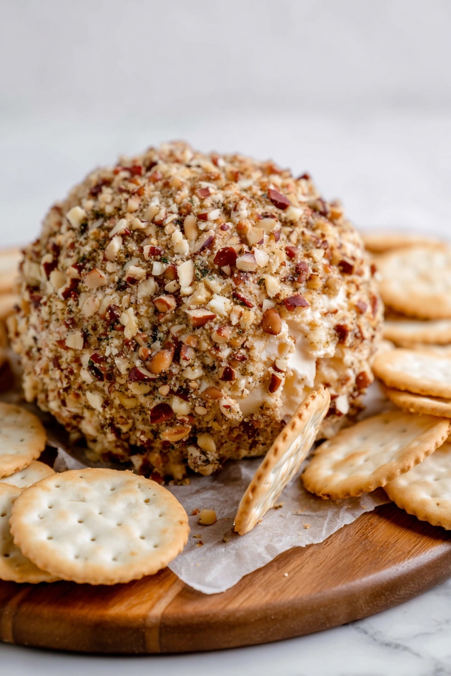 The image shows a large, round cheese ball covered with a thick layer of chopped nuts in various shades of brown and tan, giving the surface a rough and crunchy texture. The cheese ball is placed on a wooden cutting board lined with parchment paper, and several round, lightly toasted white crackers surround the cheese ball, with one cracker partially inserted vertically into its side. The background is a white marbled surface, creating a clean and simple setting. Photo taken with an iphone --ar 2:3 --v 7