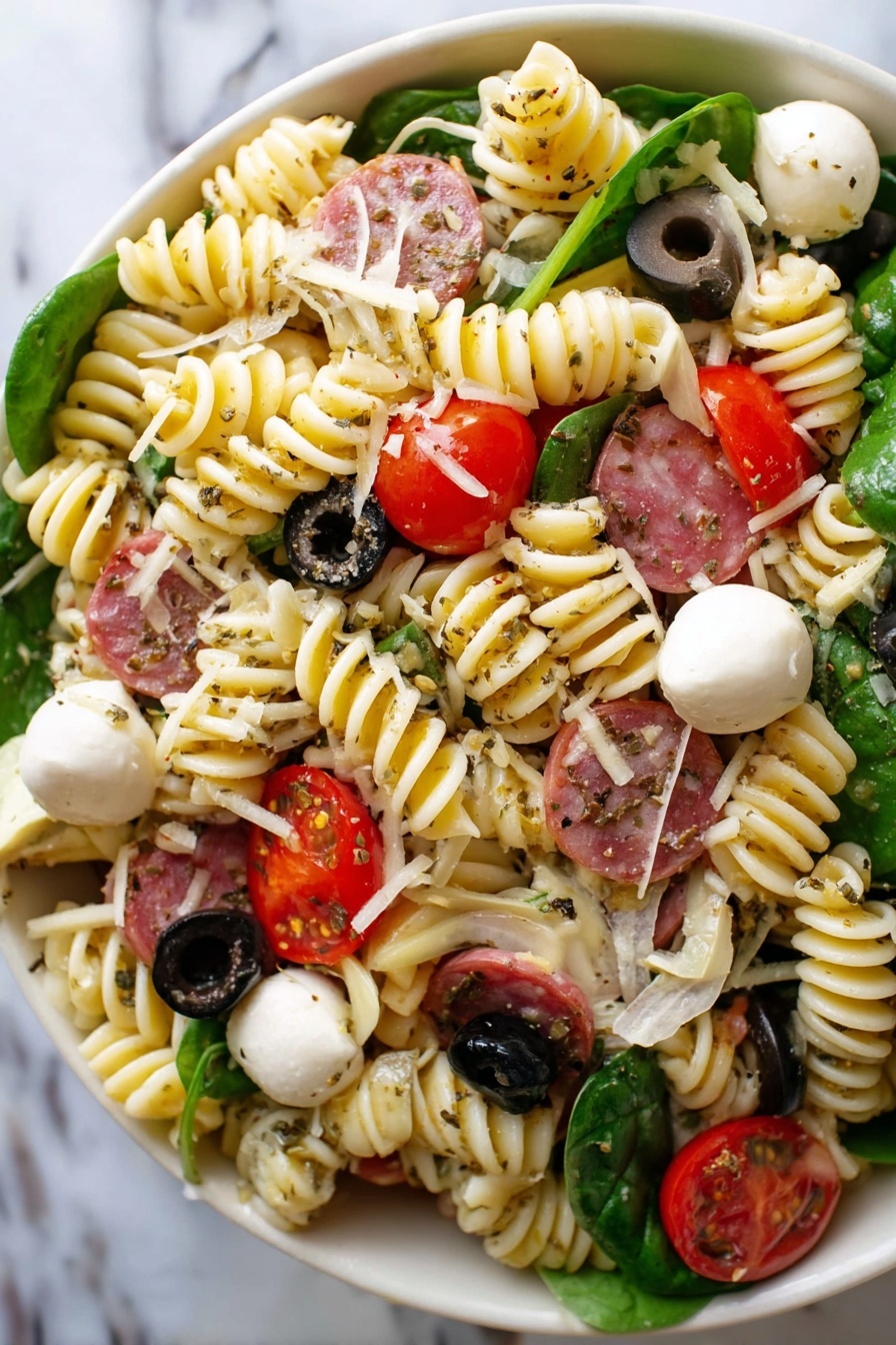 The image shows a white bowl filled with twisted rotini pasta as the main layer, light yellow in color and mixed with fresh green spinach leaves underneath. Scattered on top are halved bright red cherry tomatoes, black sliced olives, and white round mozzarella balls. There are also slices of pale artichoke hearts and chunks of pink salami peppered throughout. The whole dish is sprinkled with a mix of herbs and spices that add texture and small specks of green, red, and black. The background is a white marbled surface. photo taken with an iphone --ar 2:3 --v 7