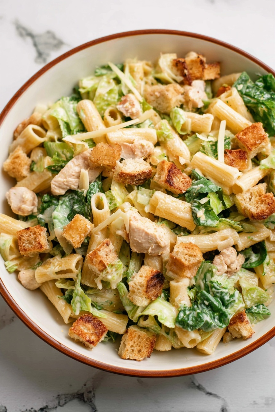 A white bowl with a brown rim holds a mix of food with several layers: light yellow pasta tubes scattered throughout the base, medium green crispy lettuce pieces mixed in, light brown cooked chicken cubes spread around, light golden brown croutons, and thin pale yellow slices of cheese on top. The whole mix has creamy bits that lightly coat the ingredients. The bowl sits on a white marbled surface. photo taken with an iphone --ar 2:3 --v 7