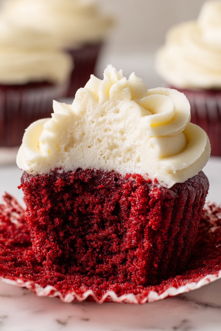 The image shows a close-up of a bitten red velvet cupcake with two layers: the bottom layer is rich, deep red cake with a soft, moist, and slightly crumbly texture, and the top layer is a thick swirl of smooth, creamy, off-white frosting with soft peaks, sitting on a peeled-back cupcake liner that matches the cake color. The background and surface are white marbled texture, with slightly blurred additional cupcakes in the back. Photo taken with an iphone --ar 2:3 --v 7