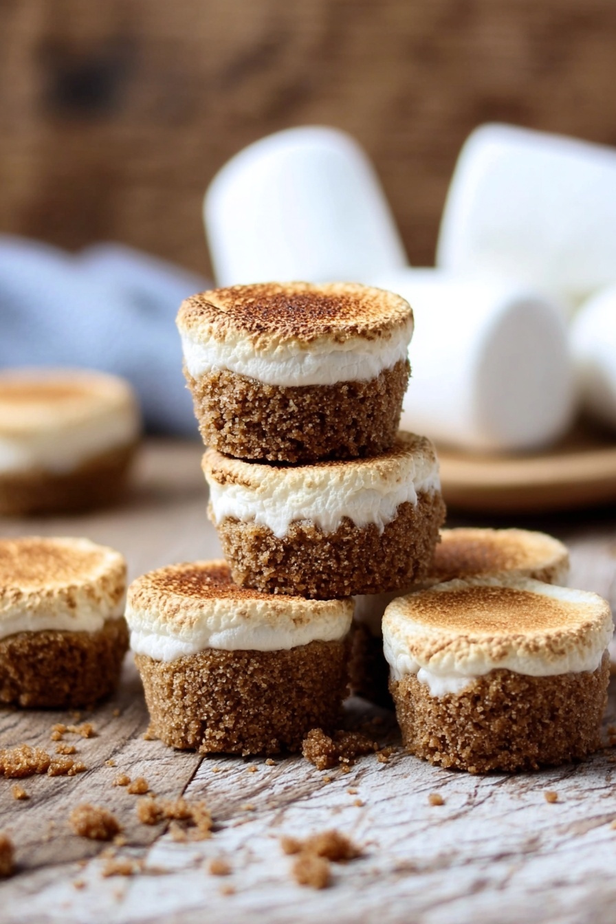The image shows six small round treats stacked in the center and scattered around on a wooden surface with a white marbled texture background. Each treat has two visible layers: a bottom brown crumbly, textured layer that looks dense and a top light tan, slightly browned layer with a fluffy, soft texture resembling toasted marshmallow. Behind the treats, there are large white marshmallows out of focus. The scene has a warm and cozy feeling. photo taken with an iphone --ar 2:3 --v 7