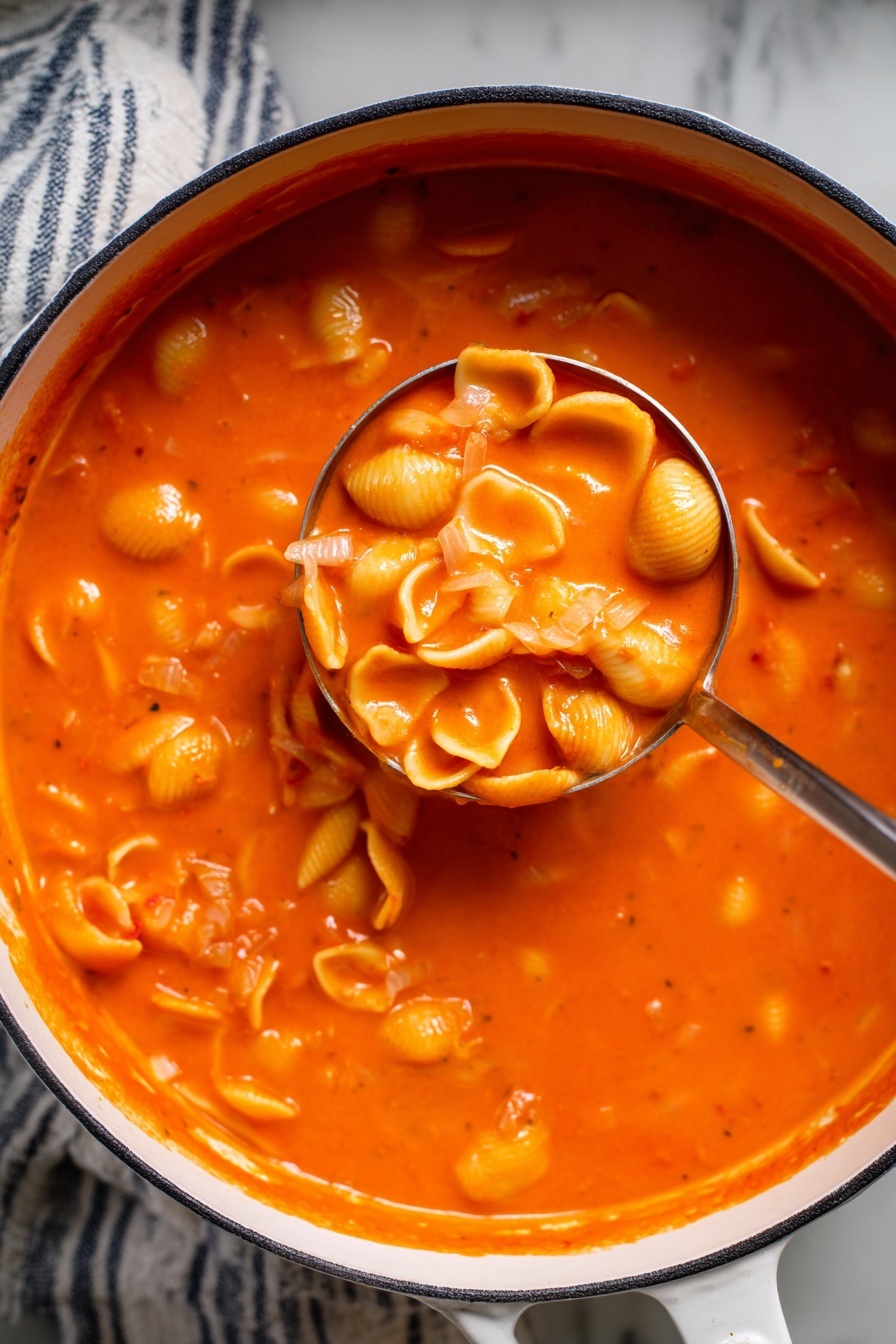 The image shows a close-up of a white bowl filled with orange creamy tomato pasta sauce covering several pieces of round pasta and small triangular pasta shapes. The top layer is sprinkled with fine, thin white cheese shreds. A spoon is lifting a portion of pasta coated in the thick sauce toward the camera, highlighting the smooth texture of the sauce and the pasta's pale yellow color. The scene is set on a white marbled surface. Photo taken with an iphone --ar 2:3 --v 7
