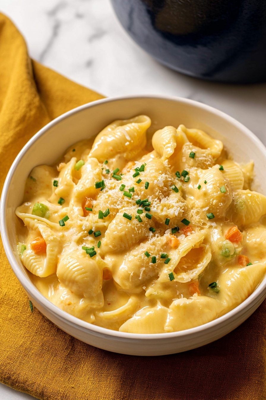 A white bowl filled with creamy, thick yellow mac and cheese pasta, garnished with small green chive pieces on top. The pasta shells are visible in the sauce, showing their soft and smooth texture. A woman's hand is holding a silver spoon lifting a spoonful of the cheesy pasta above the bowl. The background features a white marbled surface and a dark pot partially in view. Photo taken with an iphone --ar 2:3 --v 7