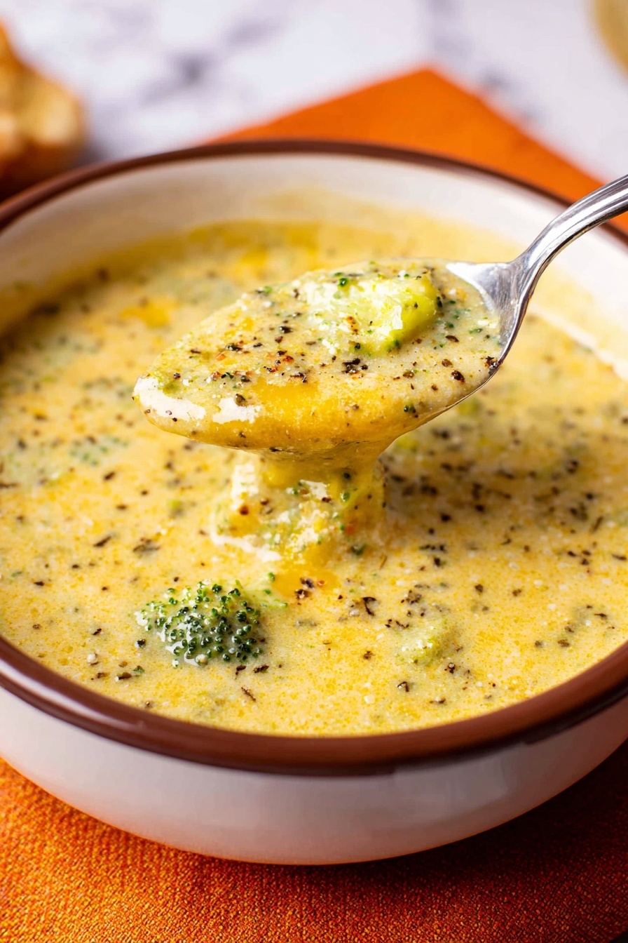 A creamy, thick soup fills a white bowl with a thin brown rim, showing three main layers: a light yellow base with small chunks of green broccoli and white chicken pieces mixed throughout, topped with a bright orange melted cheese spot in the center and sprinkled black pepper over the entire surface; a silver spoon rests in the bowl leaning from the bottom right side toward the center. The bowl sits on a folded rust-colored cloth over a white marbled surface, and a white bowl with vibrant yellow corn kernels peeks from the top right corner. photo taken with an iphone --ar 2:3 --v 7