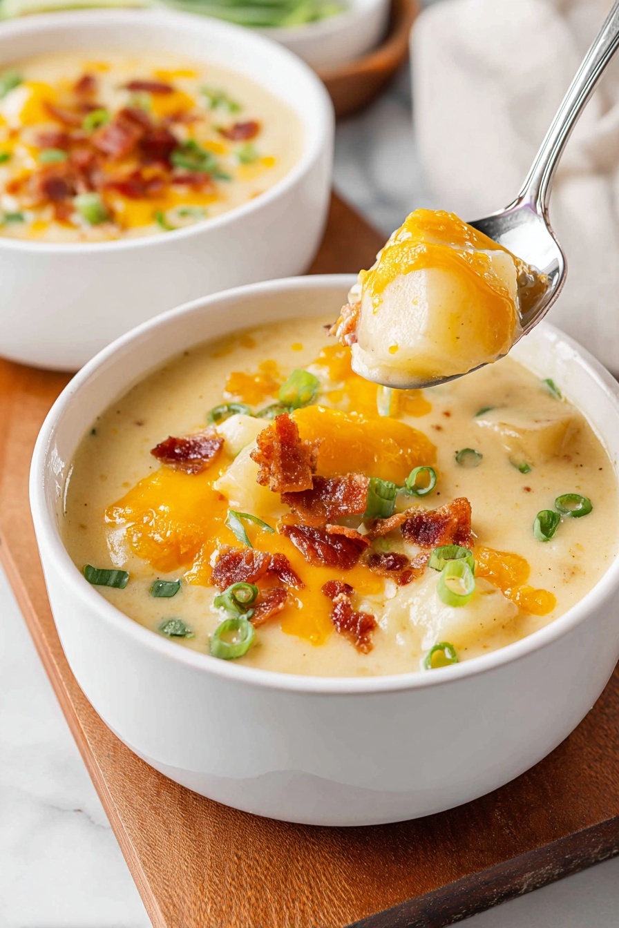 A white bowl filled with creamy yellow soup, topped with a layer of shredded bright orange cheddar cheese, scattered pieces of crispy brown bacon, and sprinkled with fresh green chopped scallions, placed on a white marbled surface with part of another identical bowl and small white bowls of shredded cheddar cheese and chopped scallions in the background, and a wooden-handled spoon and a white cloth with black stripes nearby, photo taken with an iphone --ar 2:3 --v 7