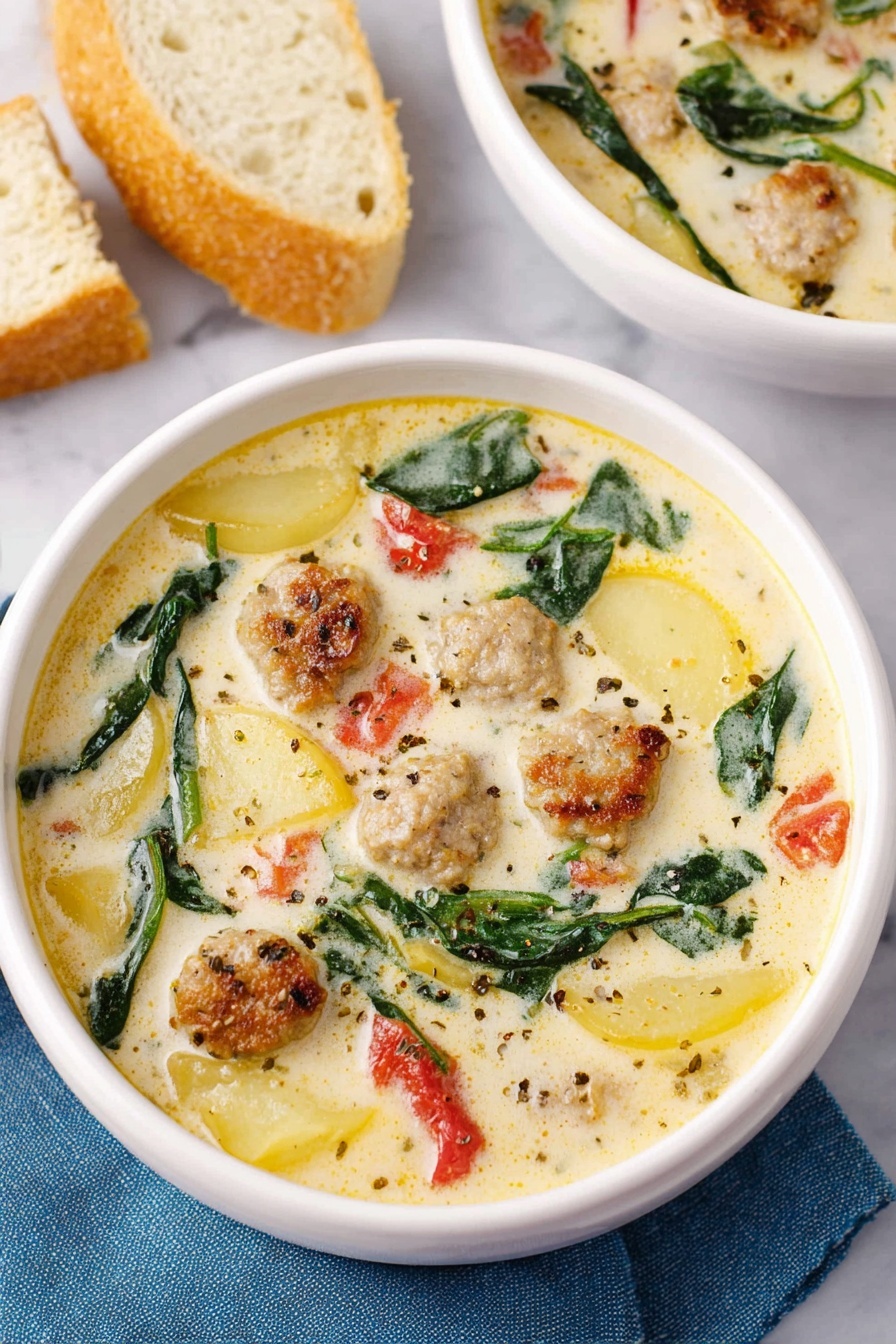 A white bowl filled with creamy soup showing several layers: light yellow broth as the base, scattered small round beige sausage pieces, bright green spinach leaves, thin slices of yellow potato, and red tomato chunks. The soup has specks of black pepper on top. Around the bowl, pieces of light golden bread lie on a white marbled surface with a corner of a blue cloth under the bowl. Another white bowl with the same soup is partially visible at the top right. Photo taken with an iphone --ar 2:3 --v 7