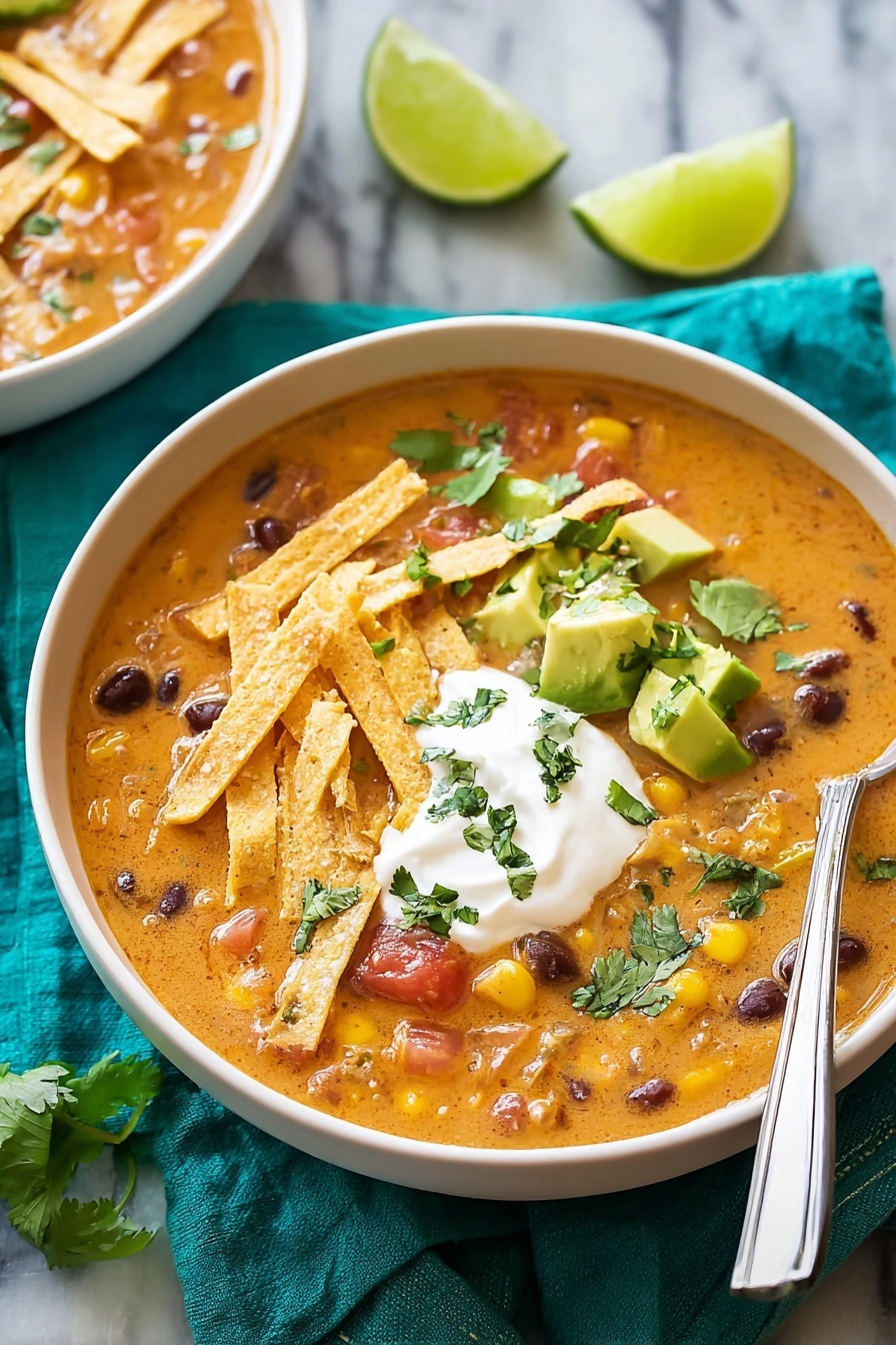 Two white bowls filled with creamy orange soup mixed with black beans and corn sit on a white marbled surface. Each bowl has a layer of thick soup on the bottom, topped with yellow crispy tortilla strips arranged loosely, bright green avocado chunks scattered around, fresh green cilantro leaves, and crumbled white cheese sprinkled evenly. One bowl has a dollop of white sour cream on top, and both have lime wedges placed inside the bowls near the edges. Two silver spoons rest inside the bowls. Around the bowls, there are some lime wedges, extra white cheese in a small bowl, and a bowl full of more yellow tortilla strips. The setting is bright and inviting. Photo taken with an iphone --ar 2:3 --v 7