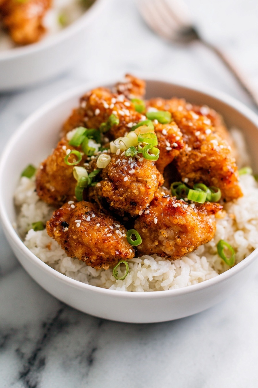 A white bowl filled with two layers: the bottom layer is white steamed rice with a soft, slightly sticky texture, and the top layer has several golden-brown fried chicken pieces with a crispy, seasoned coating. Scattered on and around the chicken are small green onion slices and a few white sesame seeds. The bowl is placed on a white marbled surface with a blurred fork visible in the background. photo taken with an iphone --ar 2:3 --v 7