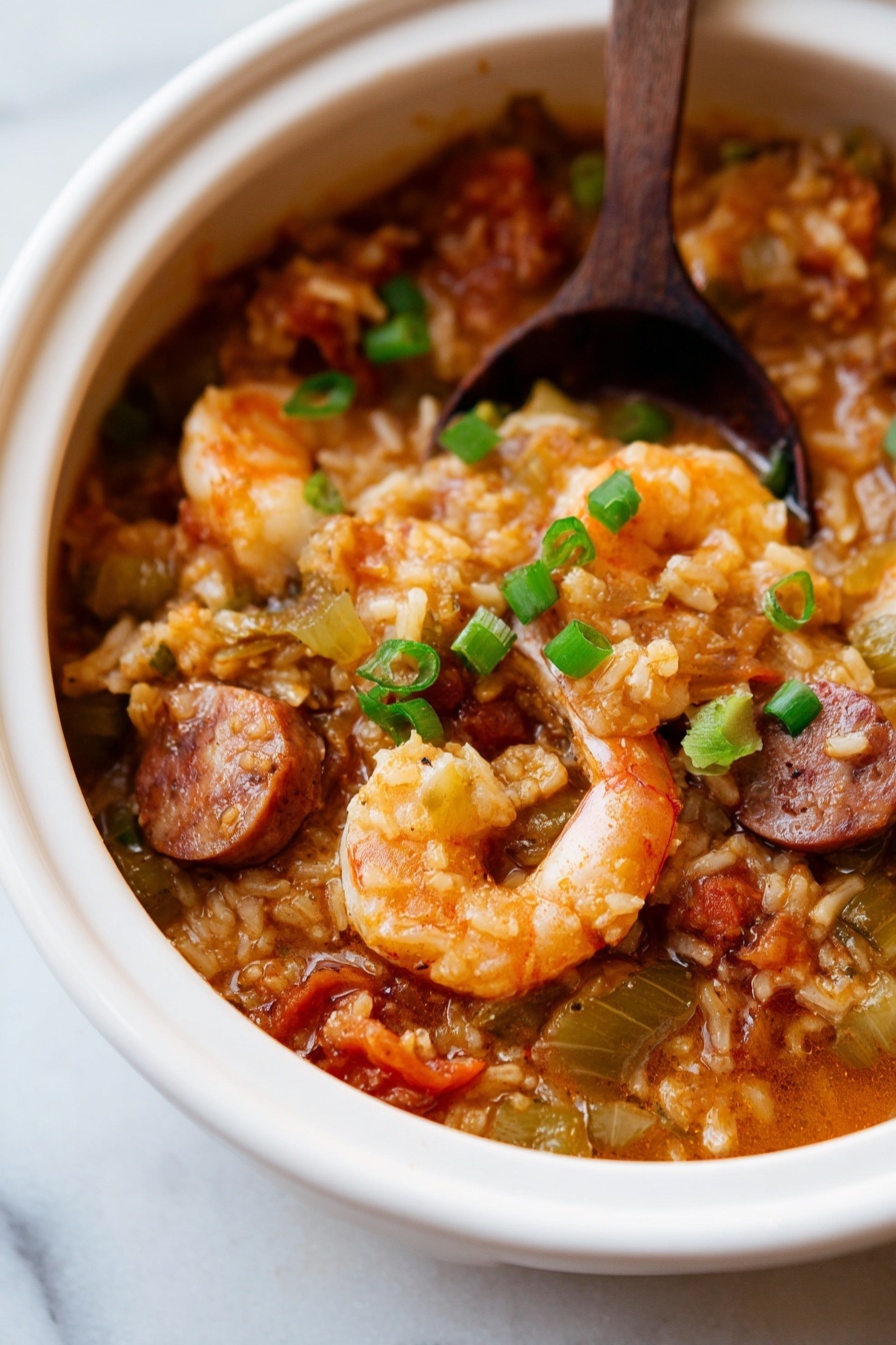 The image shows a close-up of a thick stew in a white bowl placed on a white marbled surface, filled with layers of tender shrimp, browned sausage slices, and cooked rice mixed with chopped vegetables like celery and tomatoes. The dish is rich in warm colors like orange, brown, and light red, with small green onion pieces sprinkled on top. A rustic wooden spoon with a dark head is partially dipped into the stew, stirring the ingredients together. The textures vary from soft shrimp and sausage to slightly firm vegetables, with a glossy, slightly thick sauce coating everything. photo taken with an iphone --ar 2:3 --v 7