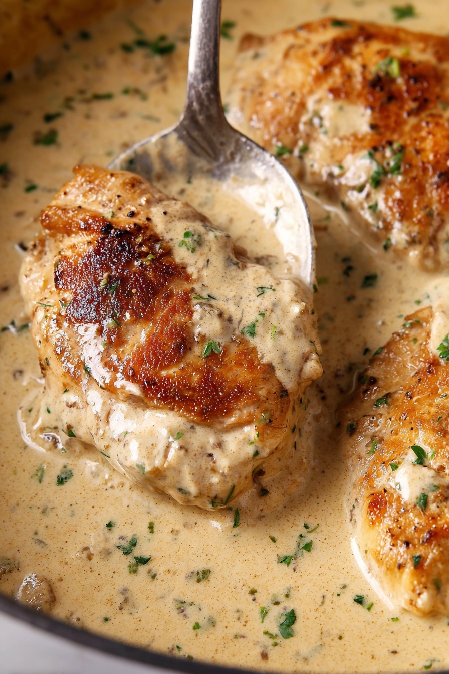The image shows two golden-brown cooked chicken pieces in a creamy light beige sauce with green herb bits sprinkled on top. The chicken pieces appear juicy with a slightly crispy texture and are partially submerged in the smooth, thick sauce that coats the surface around them. A silver spoon lifts the top piece, showing the underside covered with the sauce. The background features a close-up view, focusing on the texture and color of the chicken and sauce layers. Photo taken with an iphone --ar 2:3 --v 7