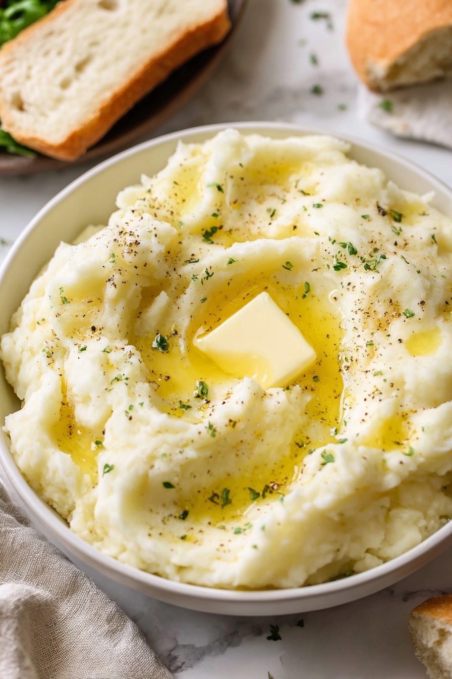 A white oval dish with blue handles is filled with smooth, creamy mashed potatoes, topped with a square pat of yellow butter melting down into soft swirls, sprinkled lightly with green herbs and black pepper. To the top left, a white bowl holds bright green cooked green beans, vibrant and shiny. At the bottom right, another white bowl is filled with fresh, shiny red cranberries. Near the top right, two pieces of soft, torn bread sit on the white marbled surface alongside a whole garlic bulb. A silver spoon rests on a striped blue and white cloth near the bottom left, with a few scattered cranberries and silverware around. Photo taken with an iphone --ar 2:3 --v 7