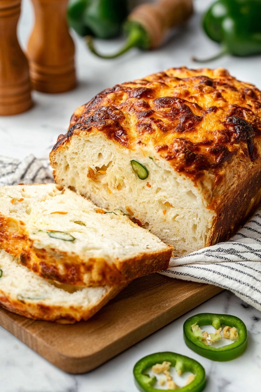 A round flatbread topped with melted and browned cheese and slices of green jalapeño peppers is placed on a wooden cutting board with a handle. Two thick slices of the bread show a soft, golden inside with bits of green jalapeño inside. To the left of the board, there is a small white bowl filled with shredded orange cheese, and above it, three green jalapeños, with one sliced. A black knife lies on a white and black striped cloth on the white marbled surface. photo taken with an iphone --ar 2:3 --v 7