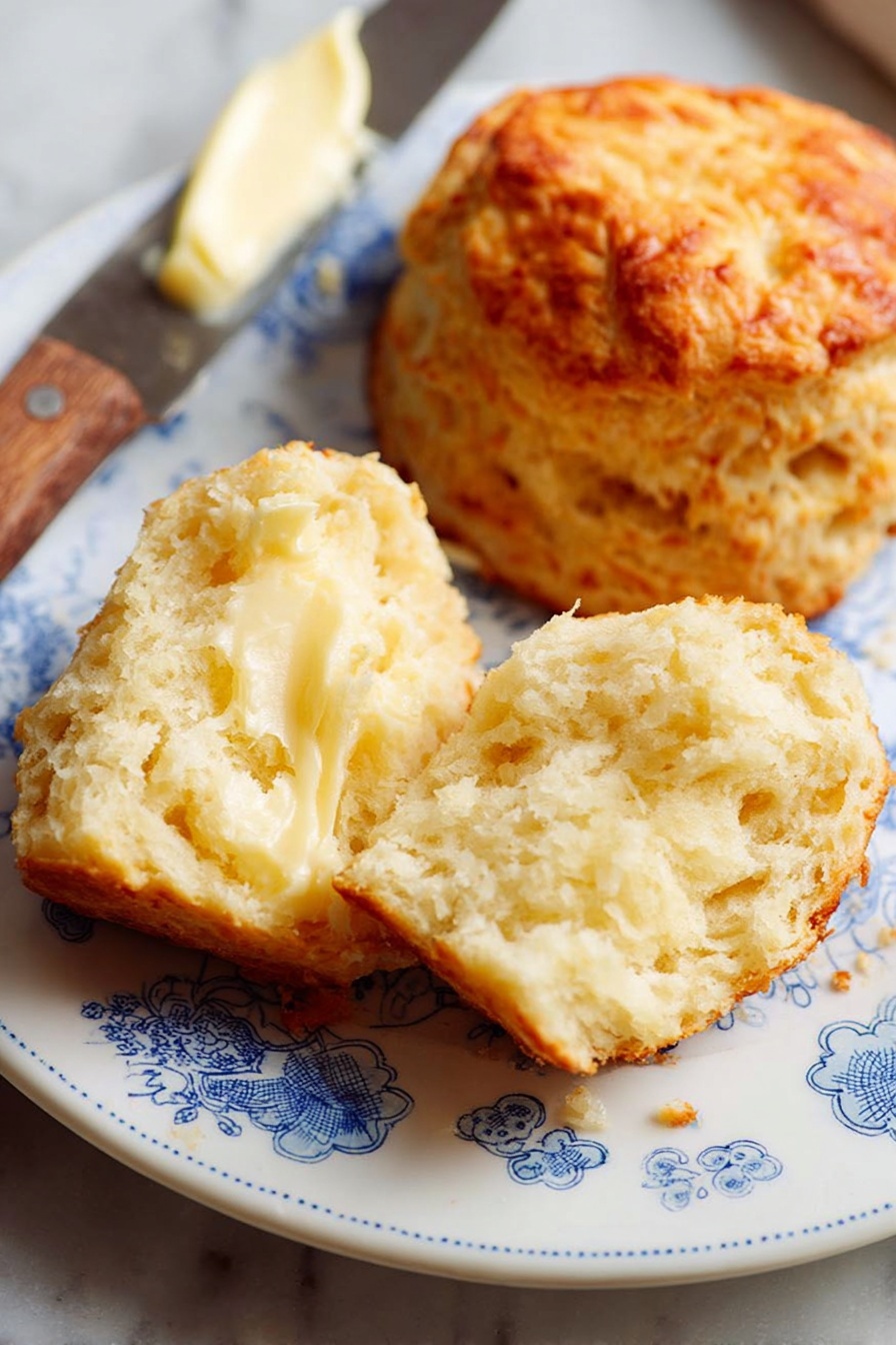 A basket lined with a black and white checkered cloth holds several golden brown scones that have a layered, flaky texture with slightly crispy edges and melted cheese spots on top. One scone is separated and standing on its side in the basket, showing its soft, light inside. The basket is on a wooden board with a bowl of shredded cheddar cheese nearby, all placed on a white marbled surface. In the background, there are two wooden pepper mills and part of a baking tray with more scones. The photo taken with an iphone --ar 2:3 --v 7
