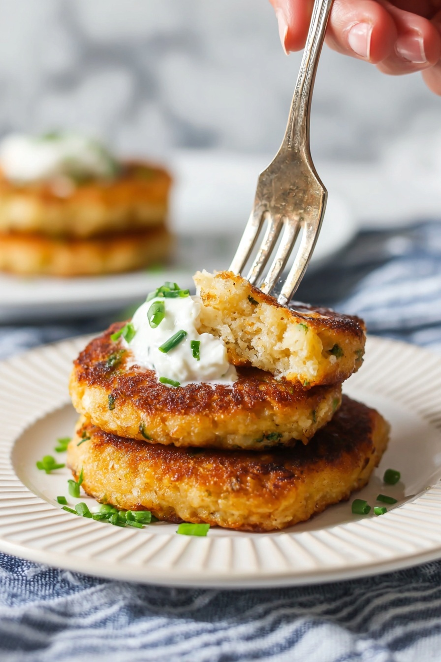 Two thick, golden-brown patties are stacked on a white plate with a ridged edge. The top patty is topped with a dollop of white creamy sauce and small chopped green herbs. A silver fork held by a woman's hand is lifting a soft, light yellow piece from the top patty, showing its fluffy inside. The plate sits on a blue and white striped cloth over a white marbled surface, with a blurred background that includes another white plate with more patties. Photo taken with an iphone --ar 2:3 --v 7