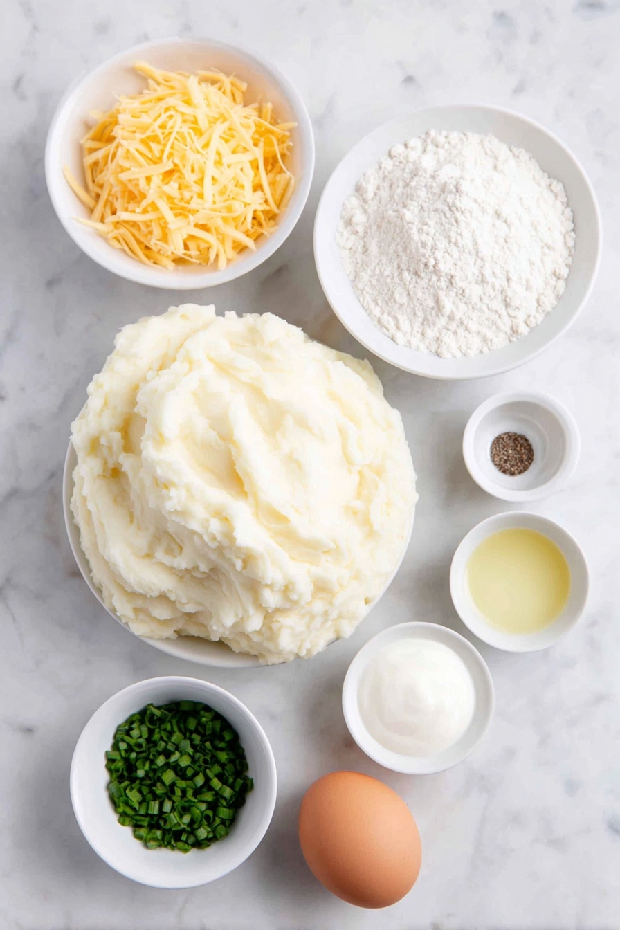 Flat lay of a mound of smooth leftover mashed potatoes, a small pile of shredded bright orange cheddar cheese, one whole large egg with a clean shell, a small white ceramic bowl filled with fine all-purpose flour, a small white bowl containing light green chopped chives, another small white bowl with creamy white sour cream, a tiny white dish of pale yellow avocado oil, and three small white ceramic bowls each holding a modest amount of garlic powder, onion powder, and ground black pepper, all arranged symmetrically with perfect proportions, placed on a clean white marble surface, soft natural light, photo taken with an iPhone, professional food photography style, fresh ingredients, white ceramic bowls, no bottles, no duplicates, no utensils, no packaging --ar 2:3 --v 7 --p m7354615311229779997