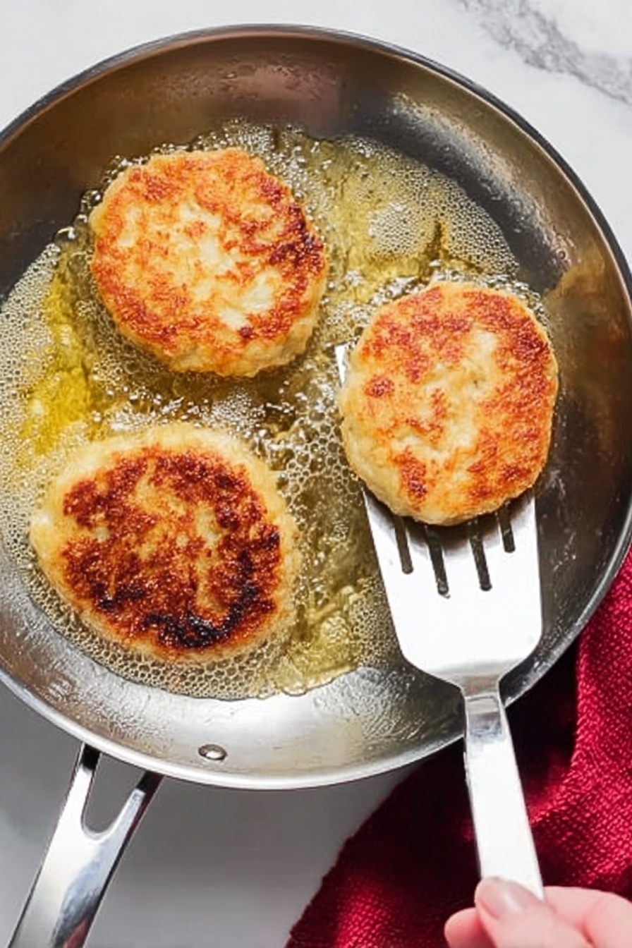 The image shows three golden-brown patties frying in a shiny metal pan filled with bubbling oil. The patties have a crispy, slightly uneven crust with some darker brown spots. A woman's hand is holding a metal spatula with a white handle, lifting one of the patties from the pan. The scene is set on a white marbled surface with a red cloth visible on the right side. The lighting highlights the texture and color of the patties and oil, making them look hot and freshly cooked. photo taken with an iphone --ar 2:3 --v 7