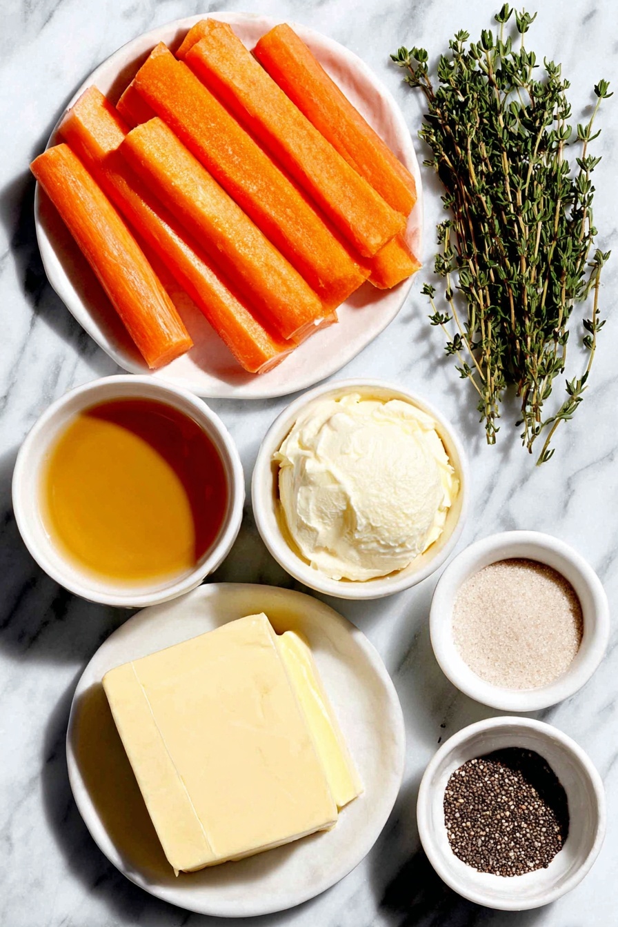 Flat lay of fresh bright orange carrot sticks cut into uniform pieces, a small white ceramic bowl of light golden maple syrup, a small white ceramic bowl with pale creamy salted butter, a small white ceramic bowl of packed light brown sugar, a small white ceramic bowl of clear water, two fresh green sprigs of thyme, a small white ceramic bowl containing coarse sea salt, and a small white ceramic bowl filled with freshly cracked black pepper, all arranged symmetrically on a clean white marble surface, soft natural light, photo taken with an iPhone, professional food photography style, fresh ingredients, white ceramic bowls, no bottles, no duplicates, no utensils, no packaging --ar 2:3 --v 7 --p m7354615311229779997