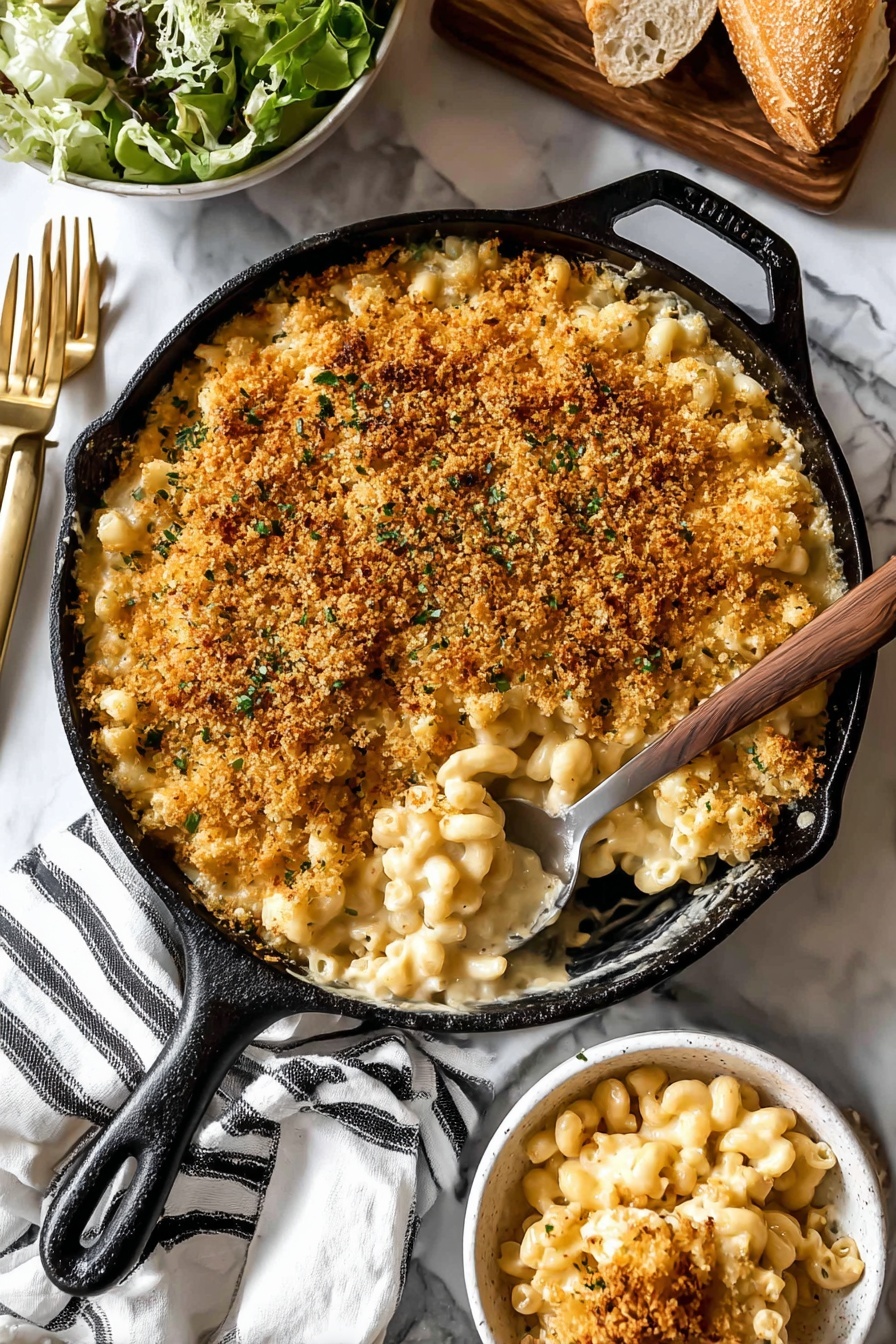 A round black cast iron skillet holds creamy macaroni and cheese with a thick, golden-brown breadcrumb topping that is evenly spread and slightly crunchy with specks of herbs. The macaroni underneath is pale yellow with a smooth cheese sauce coating each piece. A spoon with a wooden handle is scooping out a portion from the bottom right side, showing the soft, cheesy pasta beneath the textured topping. Next to the skillet is a small white bowl filled with the same macaroni and cheese. The skillet and bowl rest on a white cloth with black stripes over a white marbled surface, with part of a wooden board, a loaf of bread, and a white bowl of green salad with a gold fork nearby. Photo taken with an iphone --ar 2:3 --v 7