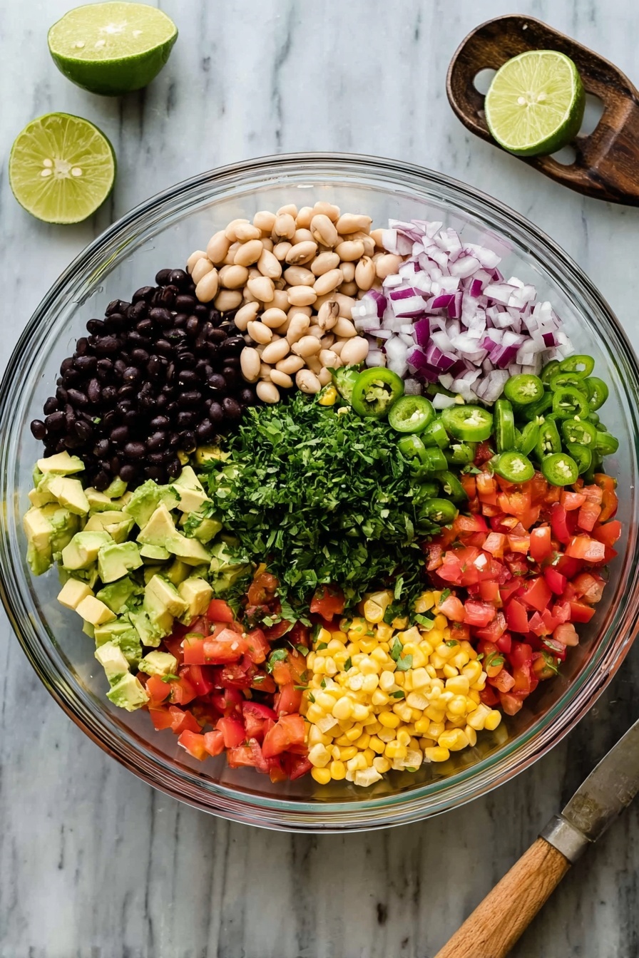 A clear glass bowl holds seven different layers of fresh ingredients arranged in sections. Starting at the top left and moving clockwise, there is a deep black layer of black beans, followed by a light beige layer of black-eyed peas. Next is a small section of finely chopped red onion, then a pile of diced pale green avocado. Below these is a mix of finely chopped orange and green peppers, with a yellow layer of corn kernels next to it. Alongside the corn, there is a bright red layer of diced tomatoes, and in the center is a mound of green chopped cilantro and jalapeño. The bowl sits on a white marbled surface with a wooden-handled utensil and halved lime nearby. photo taken with an iphone --ar 2:3 --v 7