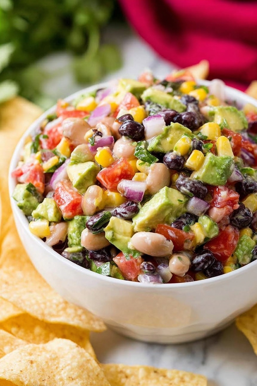 A white bowl filled with a colorful bean salad made of black beans, white beans, diced red tomatoes, yellow corn, green avocado chunks, and small pieces of red onion, mixed in a slightly creamy dressing. The salad shows a variety of colors including black, white, red, yellow, green, and purple all evenly combined. The bowl sits on a white marbled surface, surrounded by light beige tortilla chips. In the background, there is a blurred green leafy element and a red cloth adding contrast. Photo taken with an iphone --ar 2:3 --v 7