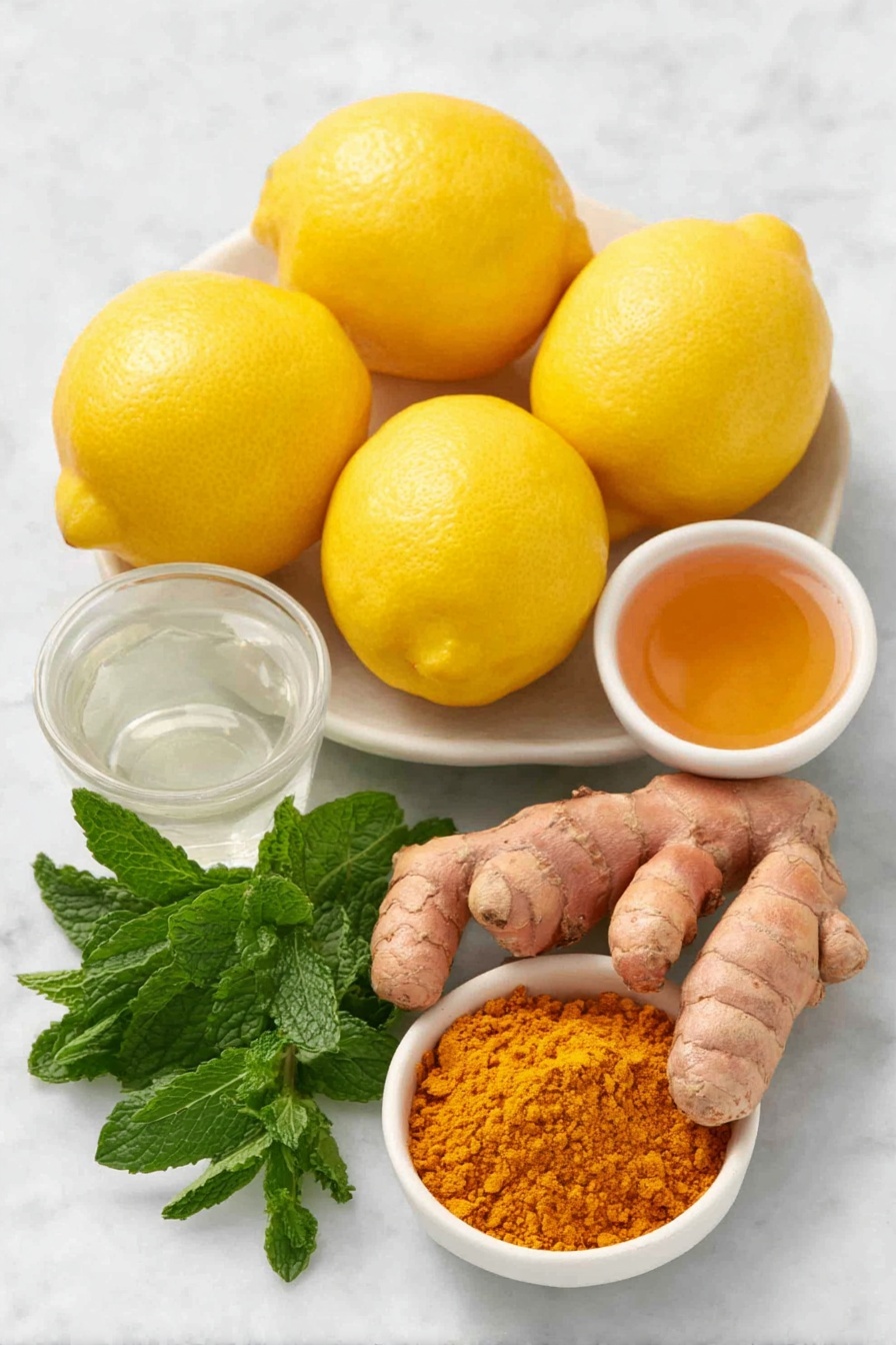 Flat lay of fresh whole lemons with bright yellow skin, a small pile of fresh ginger roots with knobby beige skin, vibrant fresh turmeric roots showing bright orange interior where cut, a small white ceramic bowl of golden honey, a small white ceramic bowl filled with crystal clear water, a few sprigs of fresh green mint leaves, and a small white ceramic bowl containing a mix of ground turmeric powder and finely grated ginger placed symmetrically on a clean white marble surface, soft natural light, photo taken with an iPhone, professional food photography style, fresh ingredients, white ceramic bowls, no bottles, no duplicates, no utensils, no packaging --ar 2:3 --v 7 --p m7354615311229779997