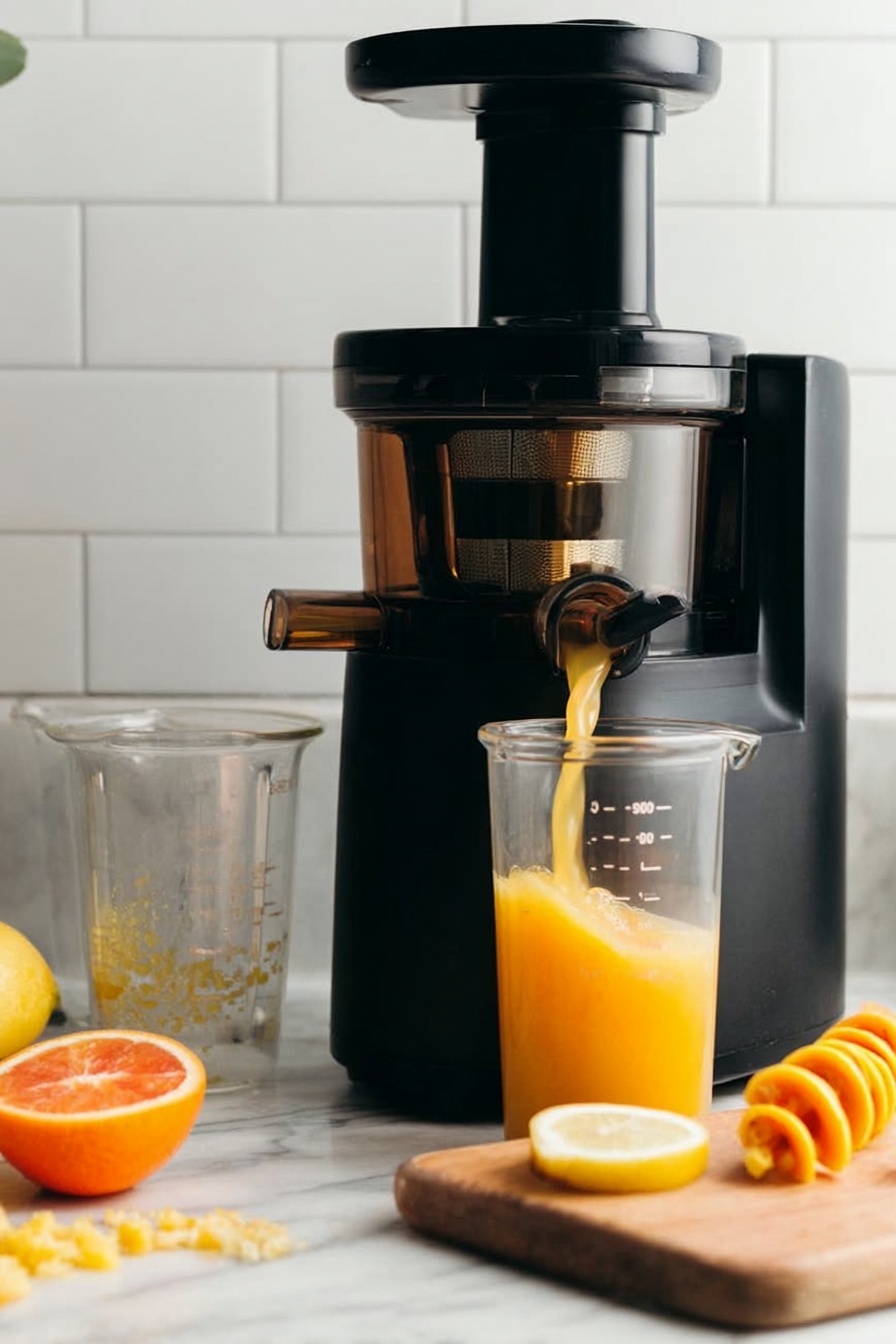 A woman's hand is pouring thick bright yellow-orange juice from a clear glass jug into a clear textured glass placed on a wooden board. Around the glass, there is a peeled yellow lemon rind coil at the front left, half an orange with a bright juicy texture to the left back, and pieces of fresh ginger root with light brown skin and yellow inside placed on the board to the right. Another clear glass filled halfway with the same yellow-orange juice sits slightly behind and to the right on the wooden board. The whole setup is on a white marbled surface with a white tiled wall in the background. photo taken with an iphone --ar 2:3 --v 7