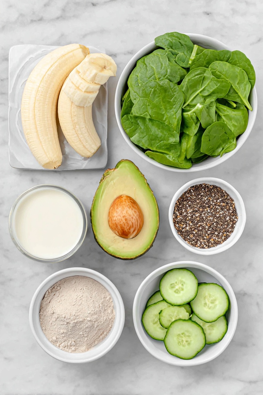 Flat lay of a peeled ripe frozen banana sliced into pieces, a halved ripe avocado with smooth green flesh, a small mound of plain vanilla protein powder on a white ceramic plate, a large handful of fresh green spinach leaves, a small white bowl of unsweetened plain almond milk, a small white bowl containing mixed seeds (hemp, flax, sesame, sunflower, chia), a small white bowl with a powdery adaptogen supplement, and a small white bowl of fresh sliced cucumber, all arranged symmetrically on a clean white marble surface, soft natural light, photo taken with an iPhone, professional food photography style, fresh ingredients, white ceramic bowls, no bottles, no duplicates, no utensils, no packaging --ar 2:3 --v 7 --p m7354615311229779997