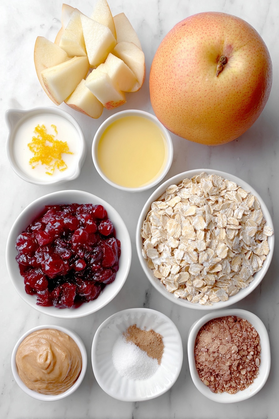 Flat lay of a peeled and segmented large orange frozen and glistening, a ripe large pear chopped and frozen with frosty edges, a small white bowl of creamy non-dairy milk, a small white bowl filled with bright orange juice, a small white bowl containing deep red cranberry sauce, a small white bowl holding smooth almond butter, a small white bowl with rolled oats, a small white bowl with finely ground cinnamon, a small white bowl with ground ginger, a small white bowl with ground nutmeg, a small white bowl with tiny pinch of salt, a single scoop of pale vanilla vegan protein powder on a white ceramic dish, and a small white bowl with a touch of orange zest—all arranged in perfect symmetry and natural proportions, placed on a clean white marble surface, soft natural light, photo taken with an iPhone, professional food photography style, fresh ingredients, white ceramic bowls, no bottles, no duplicates, no utensils, no packaging --ar 2:3 --v 7 --p m7354615311229779997
