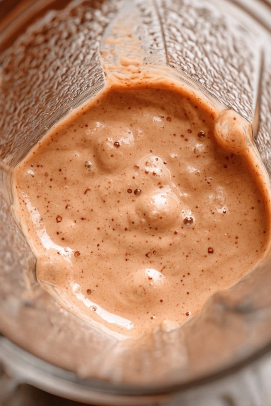 The image shows a clear glass filled with a creamy drink that has two visible layers: a red berry-like layer on the bottom and a light beige creamy layer on top with some red streaks blending in. The top layer is sprinkled with a light dusting of cinnamon powder. An orange slice is placed on the rim of the glass as a garnish. In the background, there is a blurred glass with a similar drink and two cinnamon sticks laying flat on the white marbled surface. photo taken with an iphone --ar 2:3 --v 7