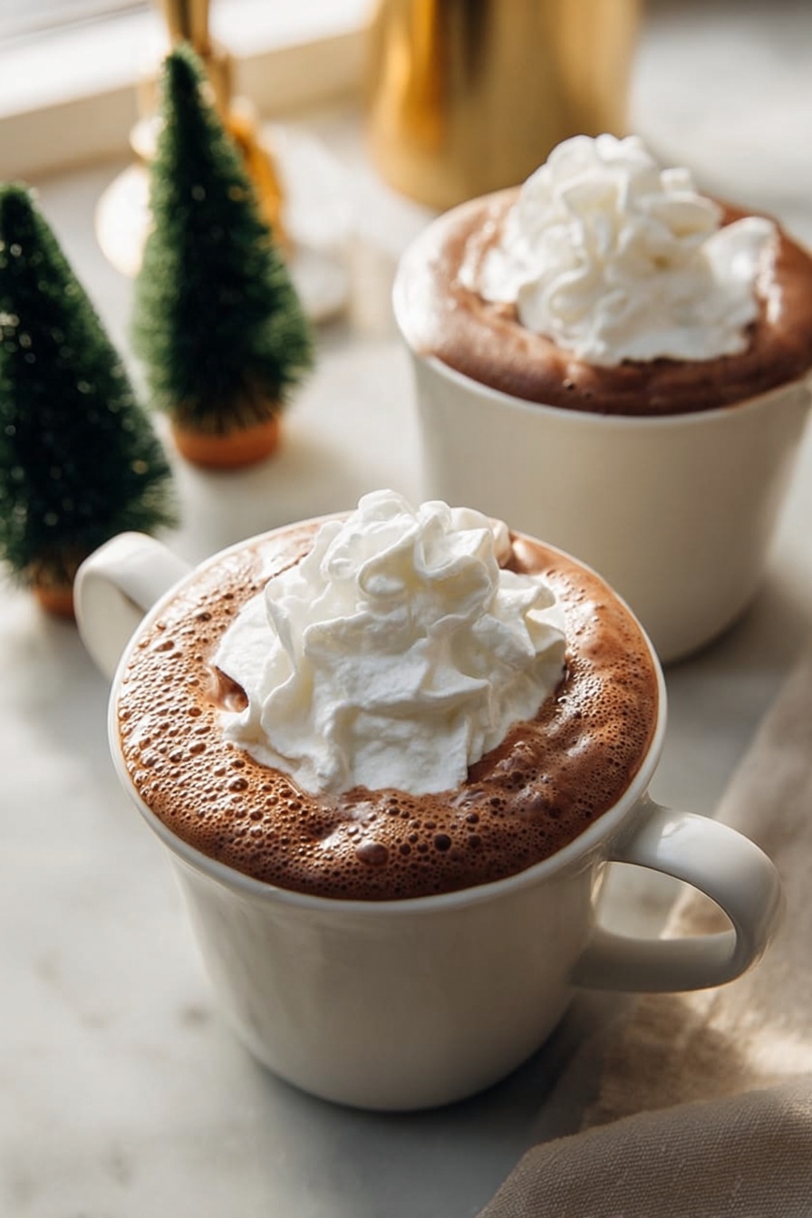 A gray ceramic cup with a rounded handle is shown close up on a white marbled surface, filled halfway with a dark brown liquid being poured in from above, creating a small splash. Beside it, there is a smaller gray cup filled with a similar brown drink topped with light foam. Steam rises softly from the pouring drink, giving a warm and cozy feel. The background is softly blurred with light colors and smoky detail near the liquid stream. photo taken with an iphone --ar 2:3 --v 7