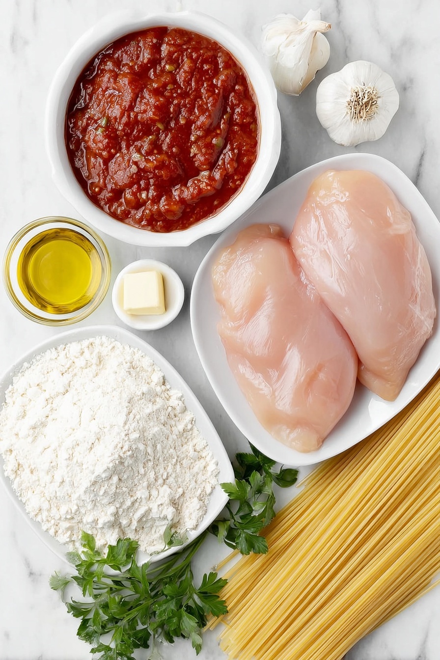 Flat lay of two small boneless skinless chicken breasts, a small pile of all-purpose flour on a simple white ceramic plate, a small white ceramic bowl filled with rich red tomato sauce, thin yellow onion slices arranged neatly on a white ceramic dish, three whole garlic cloves unpeeled, a small white ceramic bowl holding golden olive oil, a small white ceramic bowl of salted butter, a bunch of fresh green parsley sprigs, a portion of thin uncooked spaghetti strands tied in a neat bundle on a white ceramic plate, all ingredients fresh and natural, no packaging, balanced symmetrical layout, placed on a clean white marble surface, soft natural light, photo taken with an iPhone, professional food photography style, fresh ingredients, white ceramic bowls, no bottles, no duplicates, no utensils, no packaging --ar 2:3 --v 7 --p m7354615311229779997